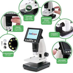 AmScope - LCD Digital Microscope, 3.5 inch Color Screen, 20X-1200X Magnification with Zoom, Portable USB Microscope Imager, Coin Microscope - DM130-M5S035