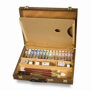 Creative Mark Capri Deluxe Wood Artist Paint Box - Storage for Art Supplies, Paints, Mediums, Brushes, Compartment Storage, Lightweight, Travel - [Oil-Stained - Natural Finish]