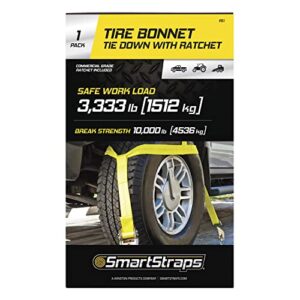 SmartStraps Tire Bonnet Ratchet Straps, 1 Pack — Commercial Duty Tire Bonnet Tie Down with Ratchet — 10,000lb Break Strength, 3,333lb Safe Work Load — Haul Equipment, Tractors and Vehicles