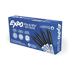 EXPO Vis-a-Vis Wet Erase Markers, Fine Point, Black, 12 Count