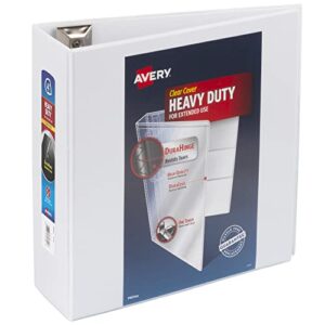 avery heavy duty view 3 ring binder, 4″ one touch slant ring, holds 8.5″ x 11″ paper, 1 white binder (79704)