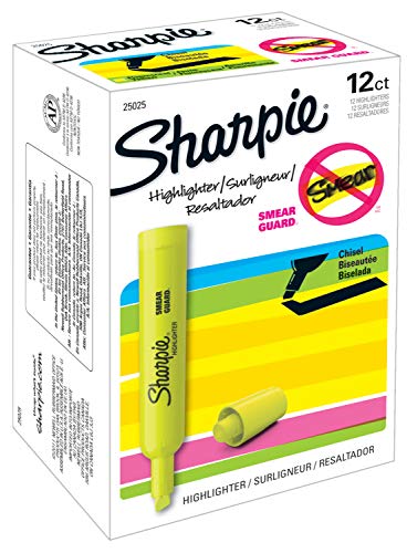 SHARPIE Tank Style Highlighters, Chisel Tip, Fluorescent Yellow, Box of 12