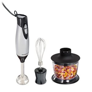 hamilton beach 4-in-1 electric immersion hand blender with handheld blending stick, whisk + 3-cup food & vegetable chopper bowl, 2-speeds, 225 watts, silver and stainless steel (59765)