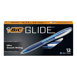 bic glide retractable ball pen, medium point (1.0 mm), blue, comfortable rubber grip for smooth writing, 12-count