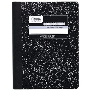 mead composition, wide ruled comp book, writing journal notebook with lined paper, home school supplies for college students & k-12, 9-3/4″ x 7-1/2″, 100 sheets, black marble (09910)