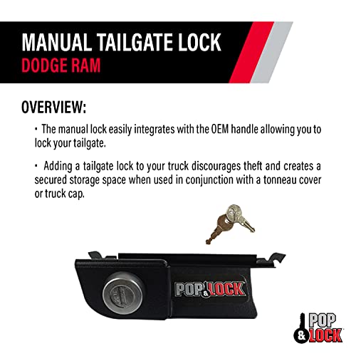 Pop & Lock – Manual Tailgate Lock for Dodge Ram 1500, 2500, and 3500, Fits 2002 to 2008 (Chrome, PL3400C, Works with No Factory Lock)