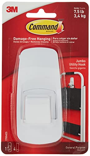 Command Jumbo Utility Hooks, Damage Free Hanging Wall Hooks with Adhesive Strips, No Tools Wall Hooks for Hanging Decorations in Living Spaces, 1 White Hook and 4 Command Strips