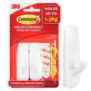 command medium utility hooks, damage free hanging wall hooks with adhesive strips, no tools wall hooks for hanging christmas organizers, 2 white hooks and 4 command strips