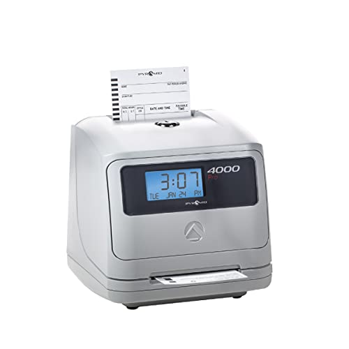 Pyramid Time Systems Model 4000 Auto Totaling Time Clock, 50 Employees, Includes 25 time Cards, Ribbon, 2 Security Keys and User Guide, Made in USA, Silver, "7.25""h x 7""w x 6.75"" d"