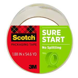 scotch sure start packaging tape, 1.88″ x 54.6 yd, designed for packing, shipping and mailing, quiet unwind, no splitting or tearing, 3″ core, clear, 1 roll (345)