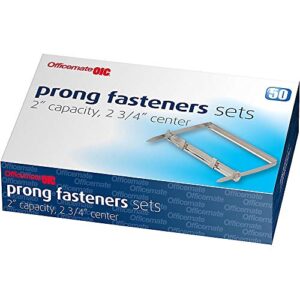 officemate prong paper fasteners, 2 inch capacity, 2.75 inch base, box of 50 complete sets, (99852), silver