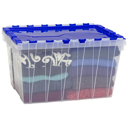 Akro-Mils 66486 12-Gallon Plastic Stackable Storage Keepbox Tote Container with Attached Hinged Lid, 21-1/2-Inch x 15-Inch x 12-1/2-Inch, Clear/Blue