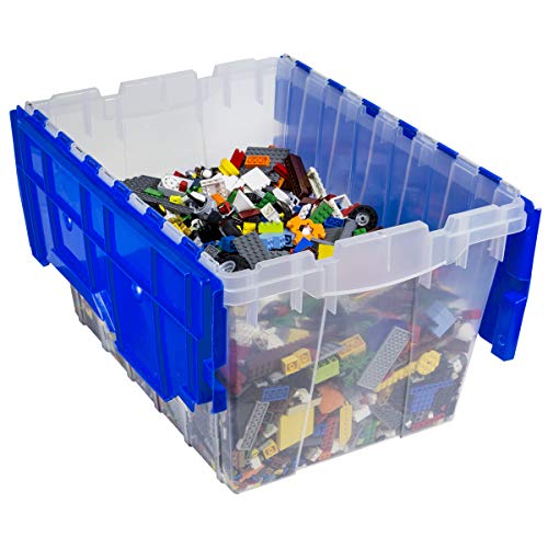 Akro-Mils 66486 12-Gallon Plastic Stackable Storage Keepbox Tote Container with Attached Hinged Lid, 21-1/2-Inch x 15-Inch x 12-1/2-Inch, Clear/Blue