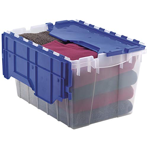 Akro-Mils 66486 12-Gallon Plastic Stackable Storage Keepbox Tote Container with Attached Hinged Lid, 21-1/2-Inch x 15-Inch x 12-1/2-Inch, Clear/Blue