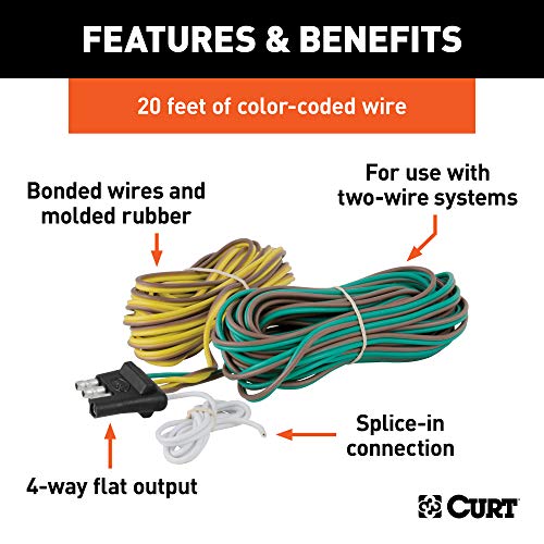 CURT 57220 4-Pin Flat Wiring Harness for Rewiring Trailer, Includes 20-Foot Wires