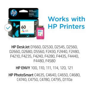 original hp 60 tri-color ink cartridge | works with deskjet d1660, d2500, d2600, d5560, f2400, f4200, f4400, f4580; envy 100, 110, 120; photosmart c4600, c4700, d110a series | cc643wn
