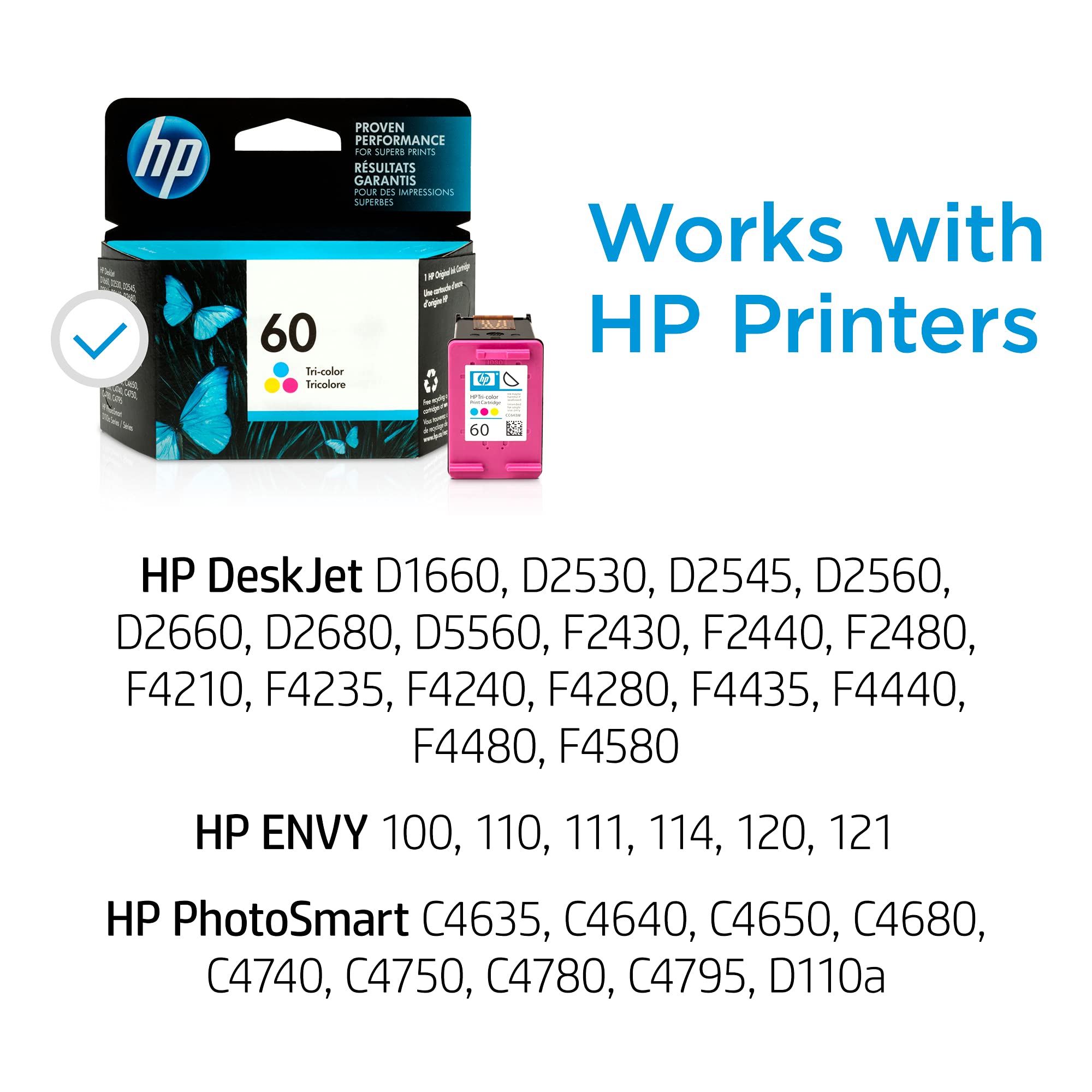 Original HP 60 Tri-color Ink Cartridge | Works with DeskJet D1660, D2500, D2600, D5560, F2400, F4200, F4400, F4580; ENVY 100, 110, 120; PhotoSmart C4600, C4700, D110a Series | CC643WN