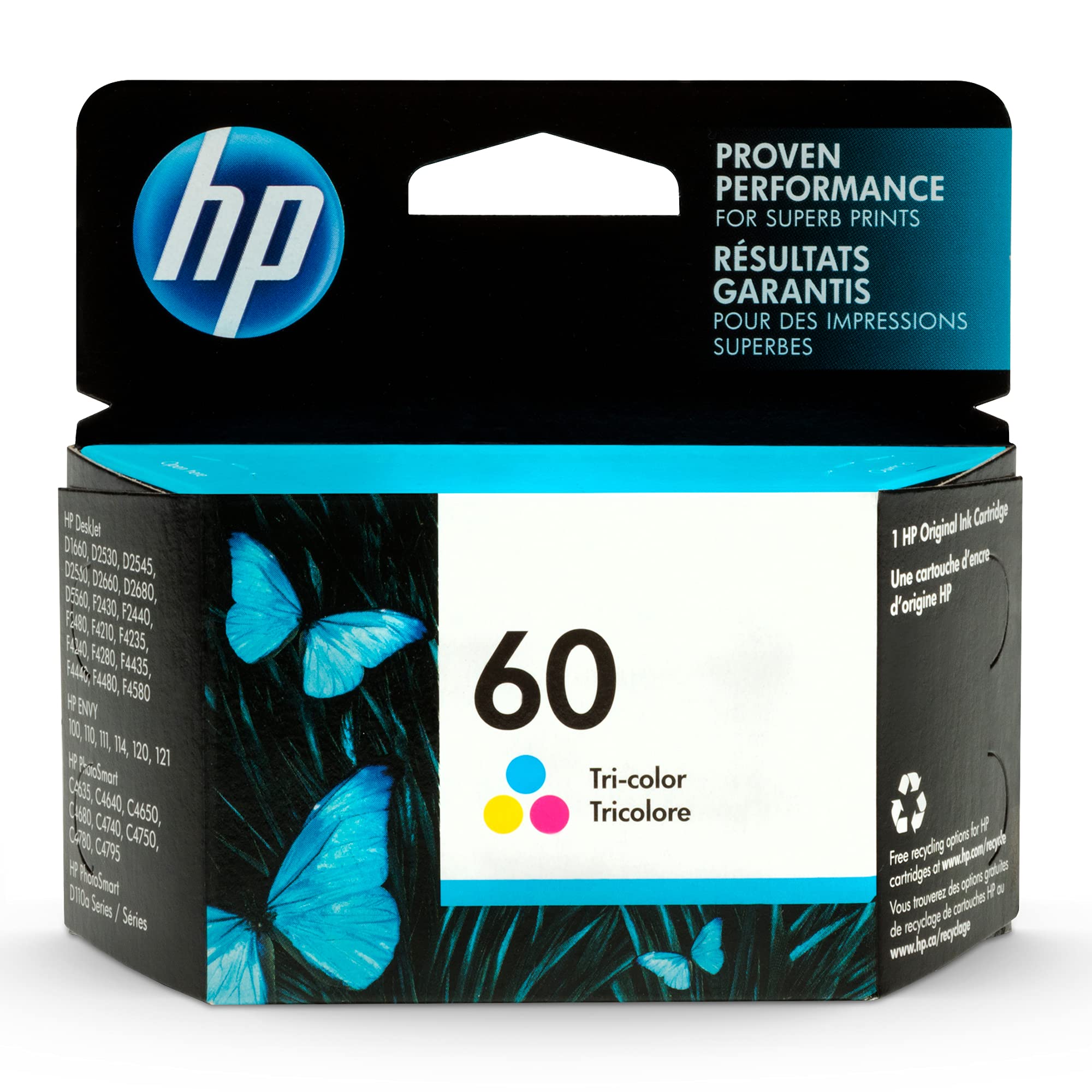 Original HP 60 Tri-color Ink Cartridge | Works with DeskJet D1660, D2500, D2600, D5560, F2400, F4200, F4400, F4580; ENVY 100, 110, 120; PhotoSmart C4600, C4700, D110a Series | CC643WN