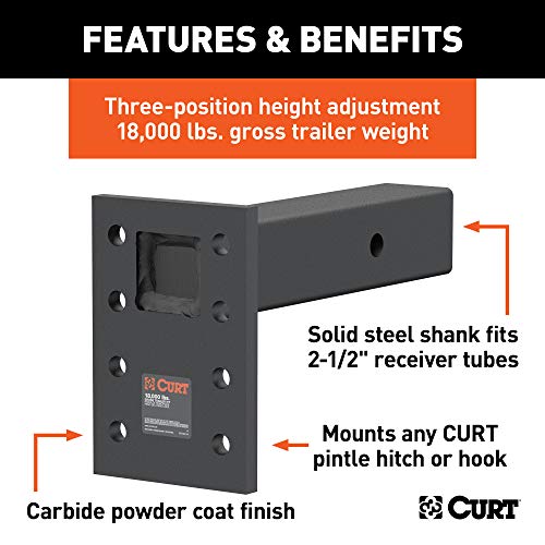 CURT 48329 Adjustable Pintle Mount for 2-1/2-Inch Hitch Receiver, 18,000 lbs, 6-1/2-Inch Drop, 8-Inch Length , Black