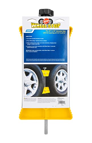 Camco Large RV Wheel Stop | Fits 26 to 30-inch Diameter Tires and Tire Spacing from 3 ½ to 5 ½-inches | Yellow (44622)