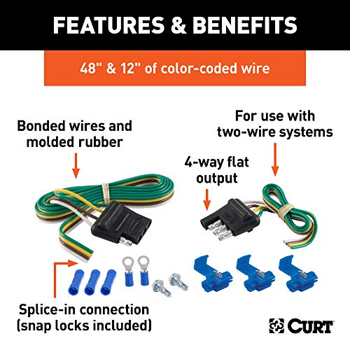 CURT 58305 4-Pin Flat Wiring Harness, 48-Inch Vehicle-Side, 12-Inch Trailer-Side Wires