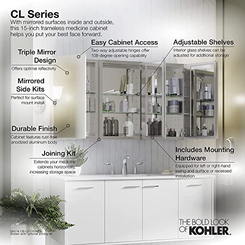 KOHLER CB-CLC1526FS CLC Flat 15" W x 26" H Aluminum Single Medicine Cabinet with Mirrored Door, Beveled Edges, Anodized Aluminim