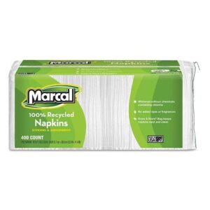 marcal lunch napkins, 100% recycled disposable paper napkins – single-ply, pack of 400 in a convenient draw & store resealable bag 06506