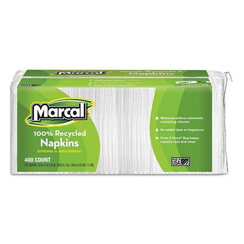 Marcal Lunch Napkins, 100% Recycled Disposable Paper Napkins - Single-Ply, Pack of 400 In a Convenient Draw & Store Resealable Bag 06506