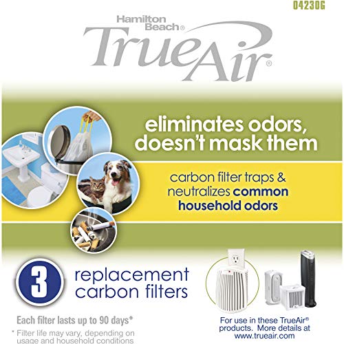 Hamilton Beach TrueAir Replacement Carbon Filter for Odor Eliminators, Common Household-Trash, Pet, Smoke and Bathroom, 3-Pack (04230G)