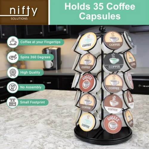 Nifty Coffee Pod Carousel – Compatible with K-Cups, 35 Pack Storage, Spins 360-Degrees, Lazy Susan Platform, Modern Black Design, Home or Office Kitchen Counter Organizer