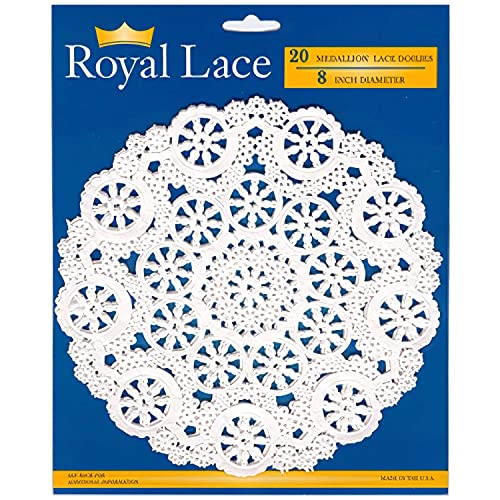 Royal Consumer Medallion Lace Round Paper Doilies, 8-Inch, Pack of 20 (B23004), White