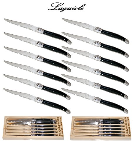 Laguiole Jean Dubost Steak Knives 12 Piece of Set with Black Handle -Thiers France