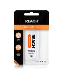 reach dentotape waxed dental floss | effective plaque removal, extra wide cleaning surface | shred resistance & tension, slides smoothly & easily, pfas free | unflavored, 100 yards, 1 pack