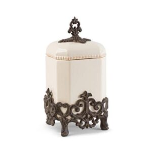14-inch tall provencial cream canister with brown metal scrolled base