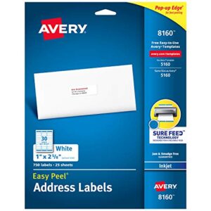 avery easy peel printable address labels with sure feed, 1″ x 2-5/8″, white, 750 blank mailing labels (08160)