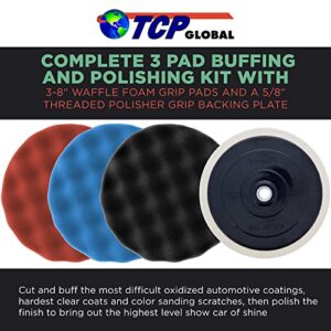 TCP Global Complete 3 Pad Buffing and Polishing Kit with 3-8" Waffle Foam Grip Pads and a 5/8" Threaded Polisher Grip Backing Plate