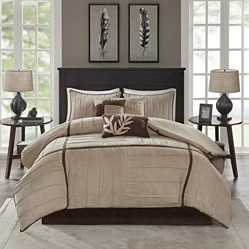 Madison Park Cozy Comforter Set Casual Blocks Design All Season, Matching Bed Skirt, Decorative Pillows, California King (104 in x 92 in), Dune Suede, Beige Brown, 7 Piece