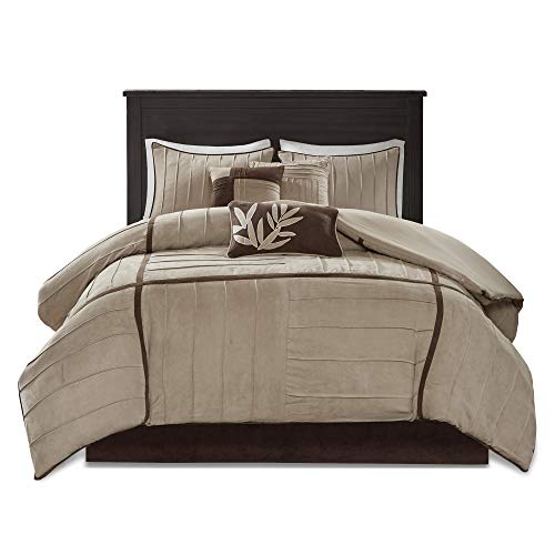 Madison Park Cozy Comforter Set Casual Blocks Design All Season, Matching Bed Skirt, Decorative Pillows, California King (104 in x 92 in), Dune Suede, Beige Brown, 7 Piece