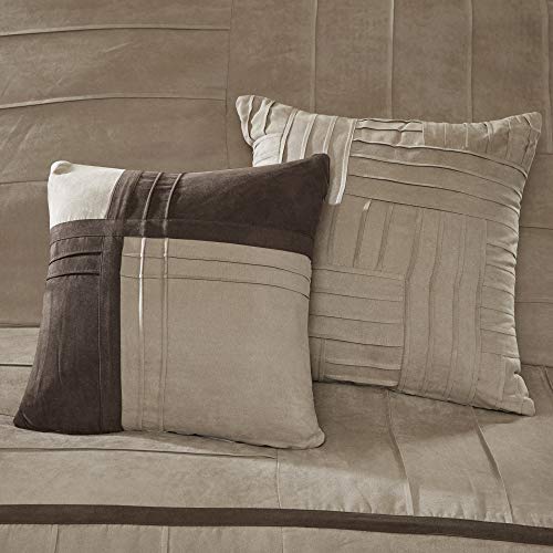 Madison Park Cozy Comforter Set Casual Blocks Design All Season, Matching Bed Skirt, Decorative Pillows, California King (104 in x 92 in), Dune Suede, Beige Brown, 7 Piece