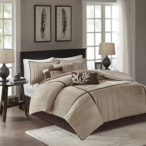Madison Park Cozy Comforter Set Casual Blocks Design All Season, Matching Bed Skirt, Decorative Pillows, California King (104 in x 92 in), Dune Suede, Beige Brown, 7 Piece