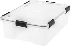 iris usa 41 quart weatherpro plastic storage box with durable lid and seal and secure latching buckles, weathertight, clear with black buckles, 1 pack