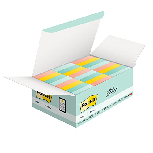 Post-it Notes, 1.5x2 in, 24 Pads, America's #1 Favorite Sticky Notes, Beachside Café Collection, Pastel Colors, Clean Removal, Recyclable (654-14AU)