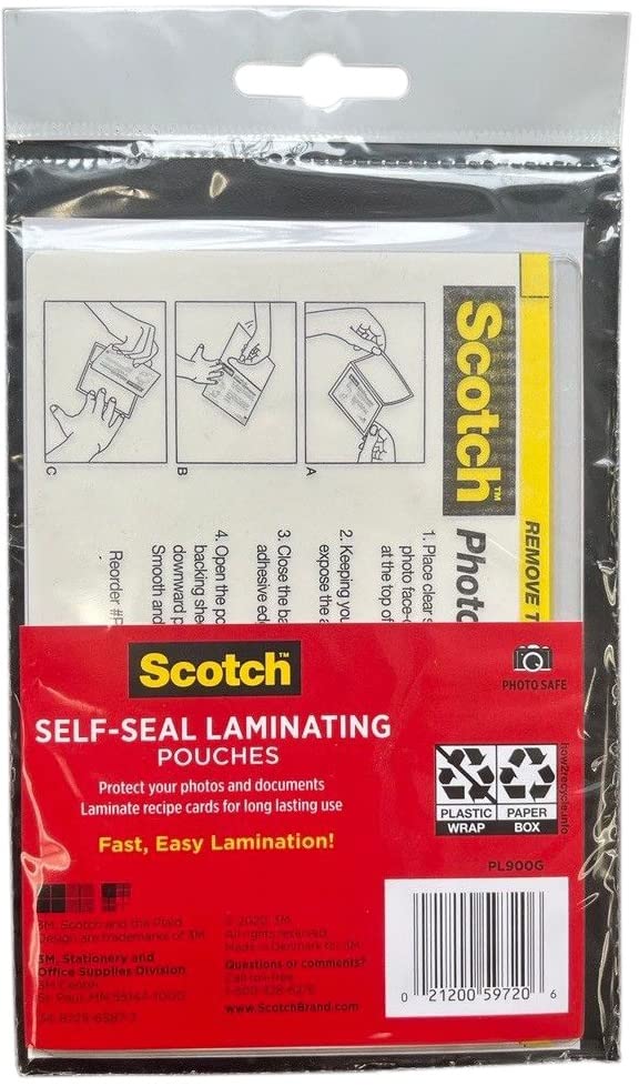 Scotch Self-Sealing Laminating Pouches, Glossy Finish, 4.3 x 6.3 Inches, 5 Pouches (PL900G)