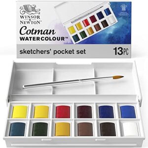winsor & newton cotman water colour paint sketchers’ pocket box, half pans, 13 count (12 colors and a brush)