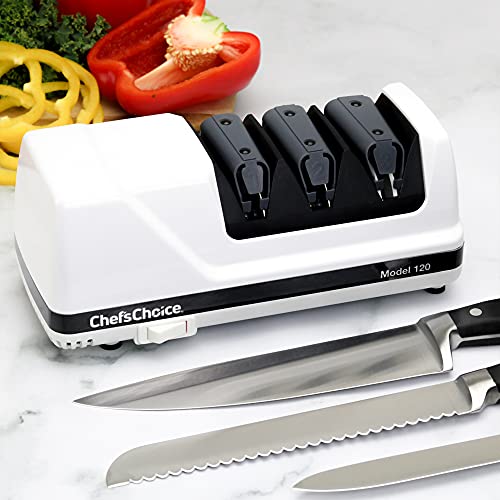 Chef'sChoice Hone EdgeSelect Professional Electric Knife Sharpener for 20-Degree Edges Diamond Abrasives Precision Guides for, Straight and Serrated Knives Made in USA, 3-Stage, White