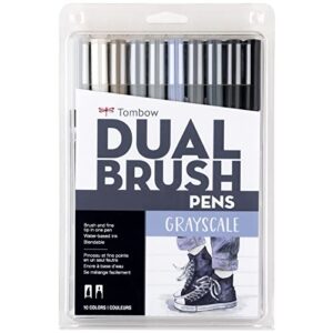 tombow 56171 dual brush pen art markers, grayscale, 10-pack. blendable, brush and fine tip markers