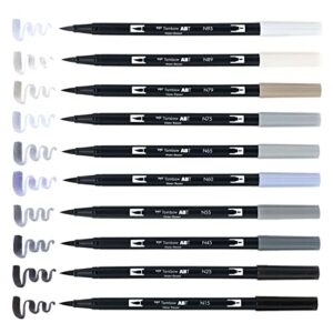 Tombow 56171 Dual Brush Pen Art Markers, Grayscale, 10-Pack. Blendable, Brush and Fine Tip Markers