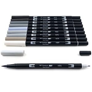 Tombow 56171 Dual Brush Pen Art Markers, Grayscale, 10-Pack. Blendable, Brush and Fine Tip Markers