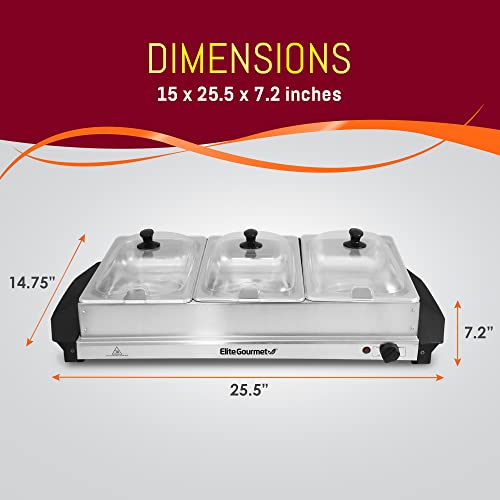 Elite Gourmet EWM-6171 7.5 Quart Triple Buffet Server Food Warmer Temperature Control, Clear Slotted Lids, Perfect for Parties, Entertaining & Holidays, 3 x 2.5Qt