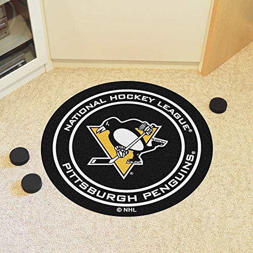 FANMATS 10273 Pittsburgh Penguins Hockey Puck Shaped Rug - 27in. Diameter, Hockey Puck Design, Sports Fan Accent Rug - Black